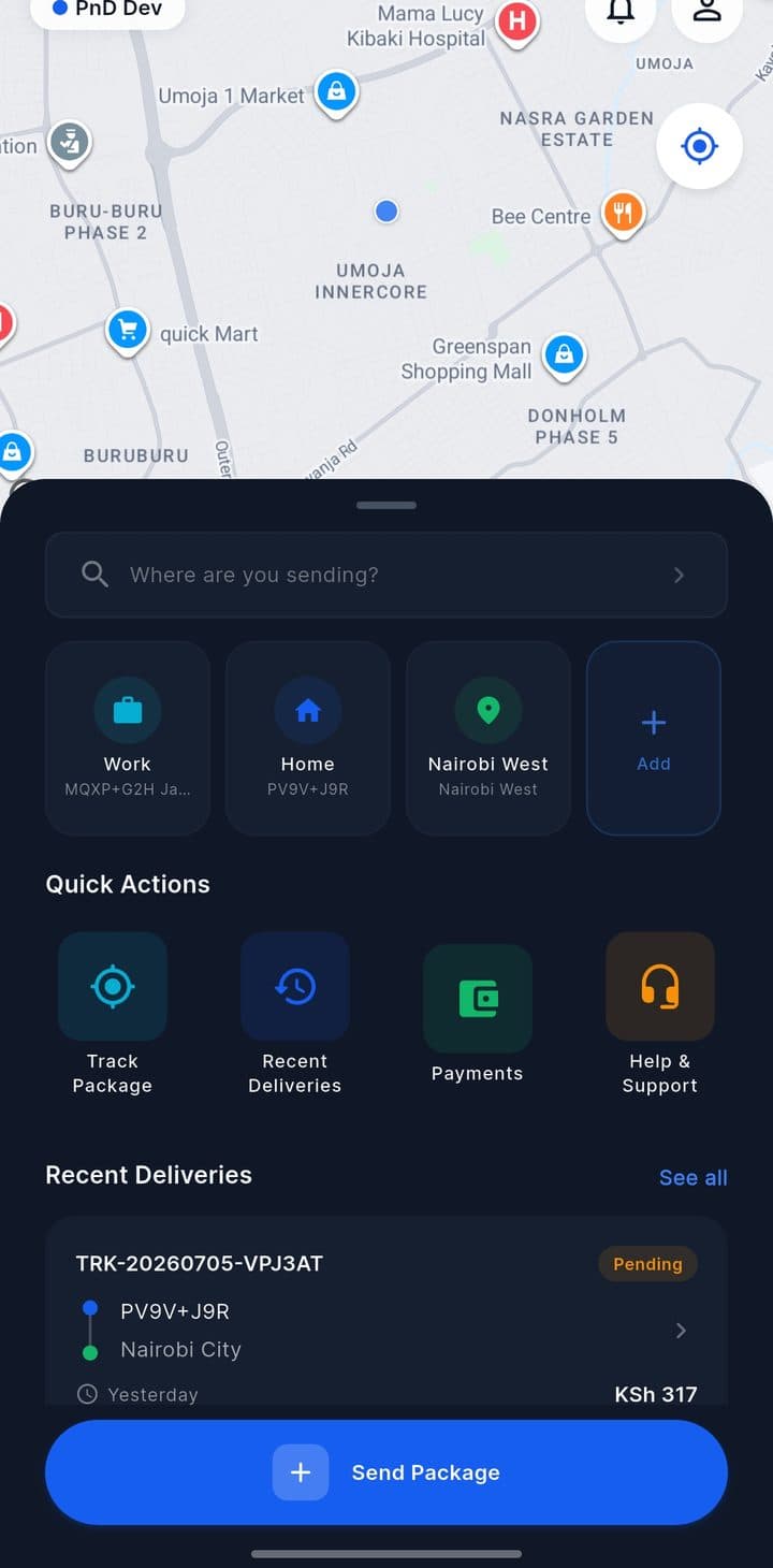 Customer home screen - live map, saved places, quick actions and recent deliveries