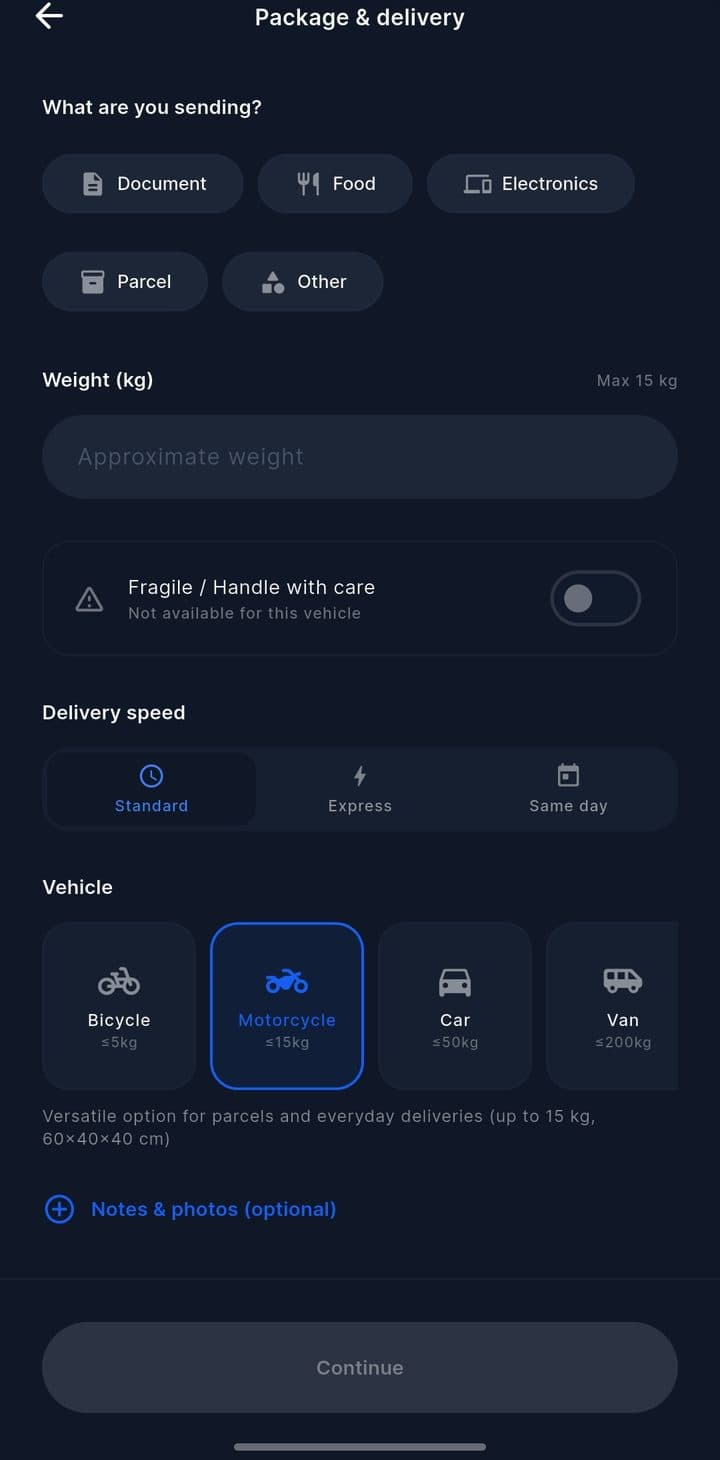 Package and delivery screen - choose what you are sending, delivery speed and vehicle