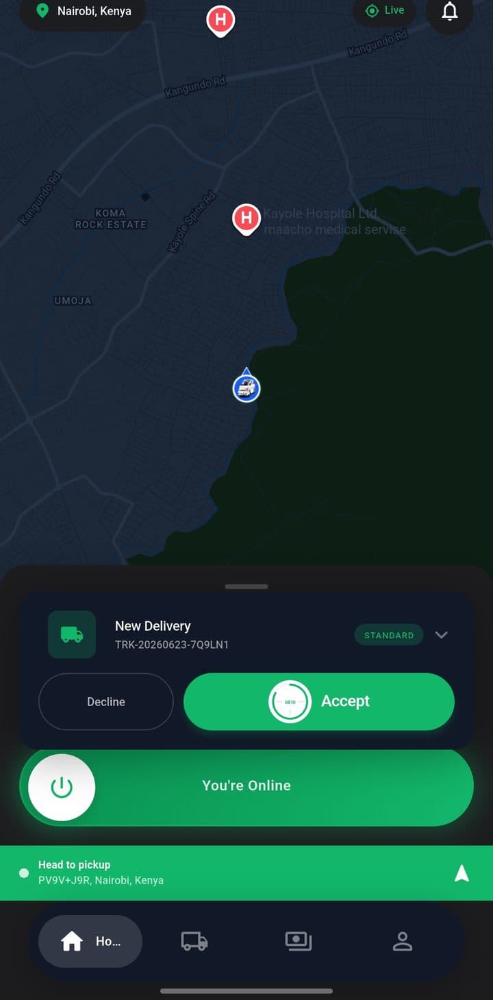 Rider app screen - incoming delivery request on a live night map